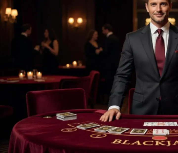 Prowadzący blackjacka witający gości przy eleganckim stole