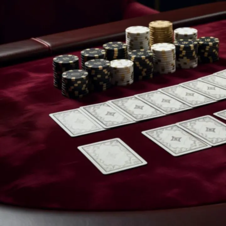Detal stołu blackjack z żetonami i kartami w aksamitnej oprawie