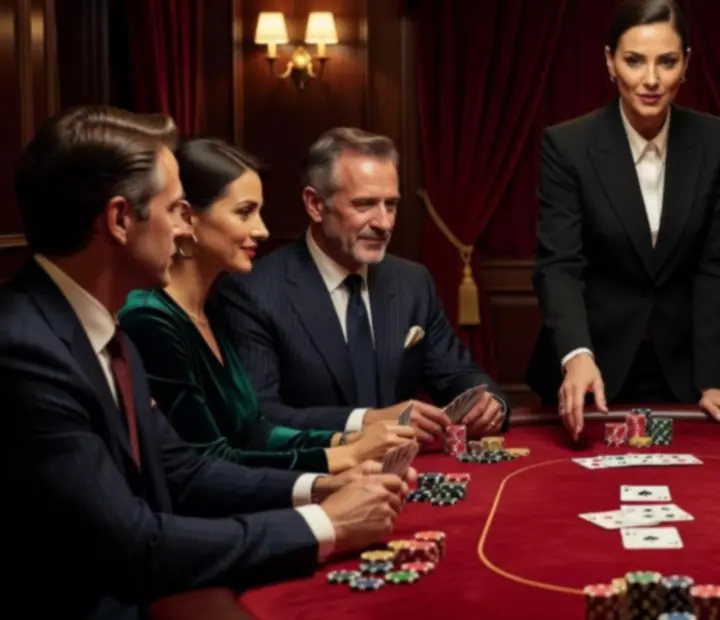 Goście przy stole pokerowym w eleganckiej aranżacji 