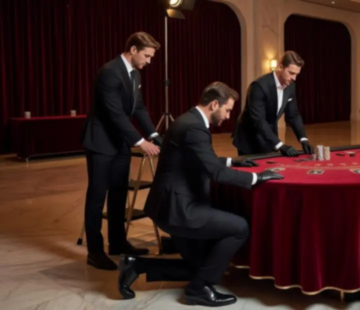 Zespół przygotowujący elegancką przestrzeń eventową z profesjonalnymi stołami do gier
