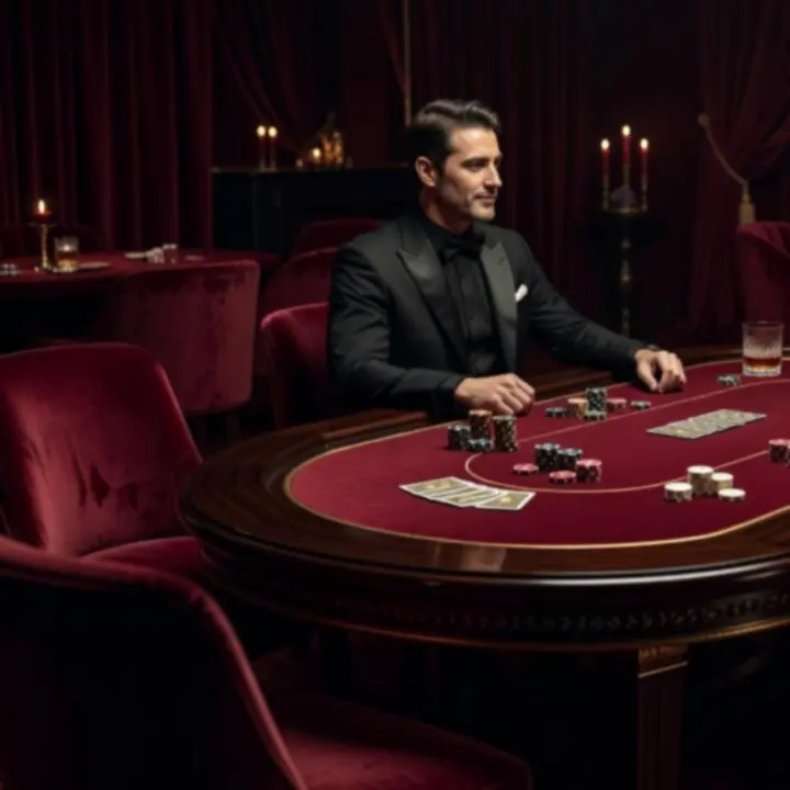 Aksamitny stół w stylu casino-style z elegancką aranżacją oświetlenia.