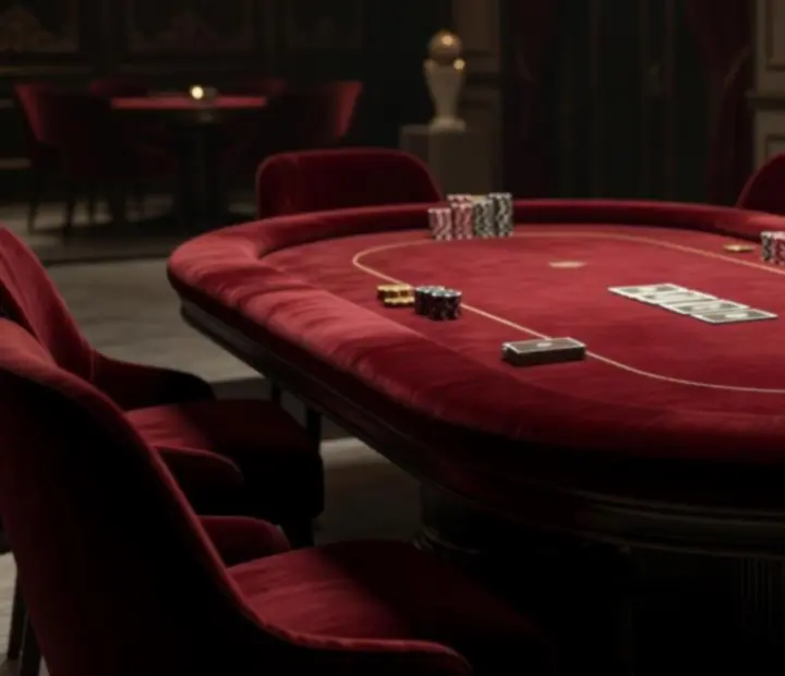 Aksamitna oprawa stołu pokerowego w głębokich bordowych tonach