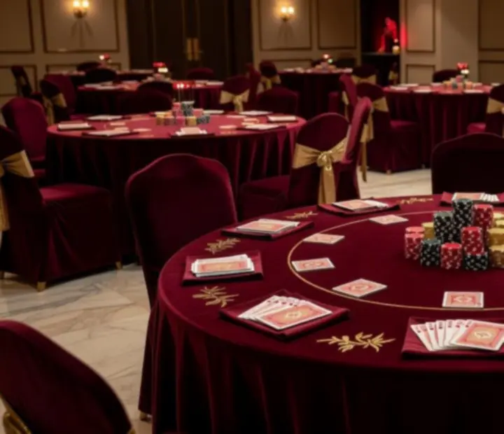 Elegancka sala przygotowana pod wieczór eventowy z nastrojowym oświetleniem i stolikami